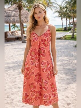 LOFT Coral Pink floral Linen  Midi Slip Dress